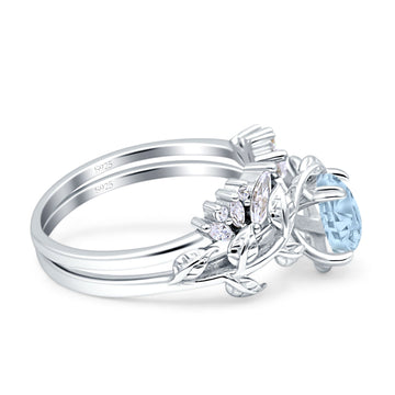 Art Deco Teardrop Pear Leaf Design Wedding Two Piece Ring Simulated Aquamarine CZ Stones 925 Sterling Silver